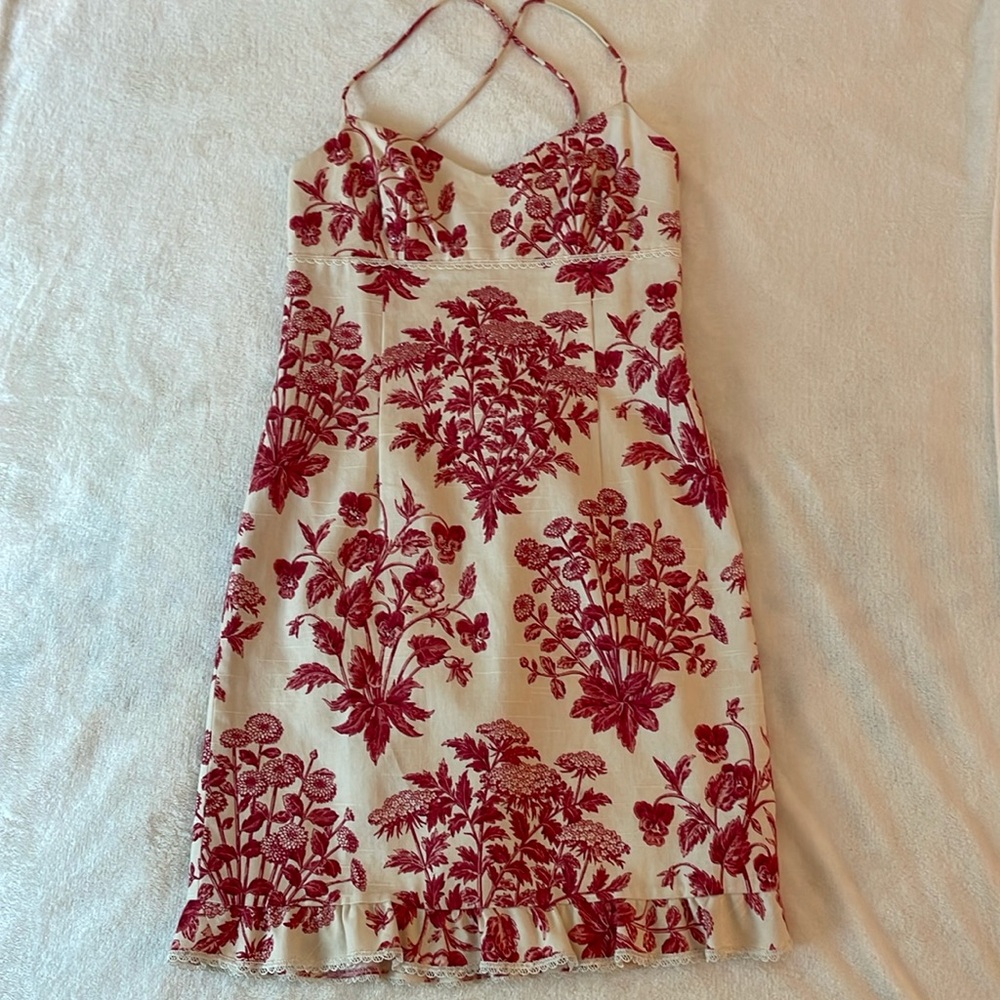 Maggy London Red Floral Spaghetti Crisscross Dress with beading